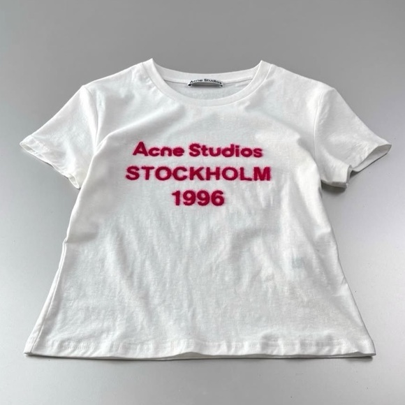 Acne White Tee with Pink Text